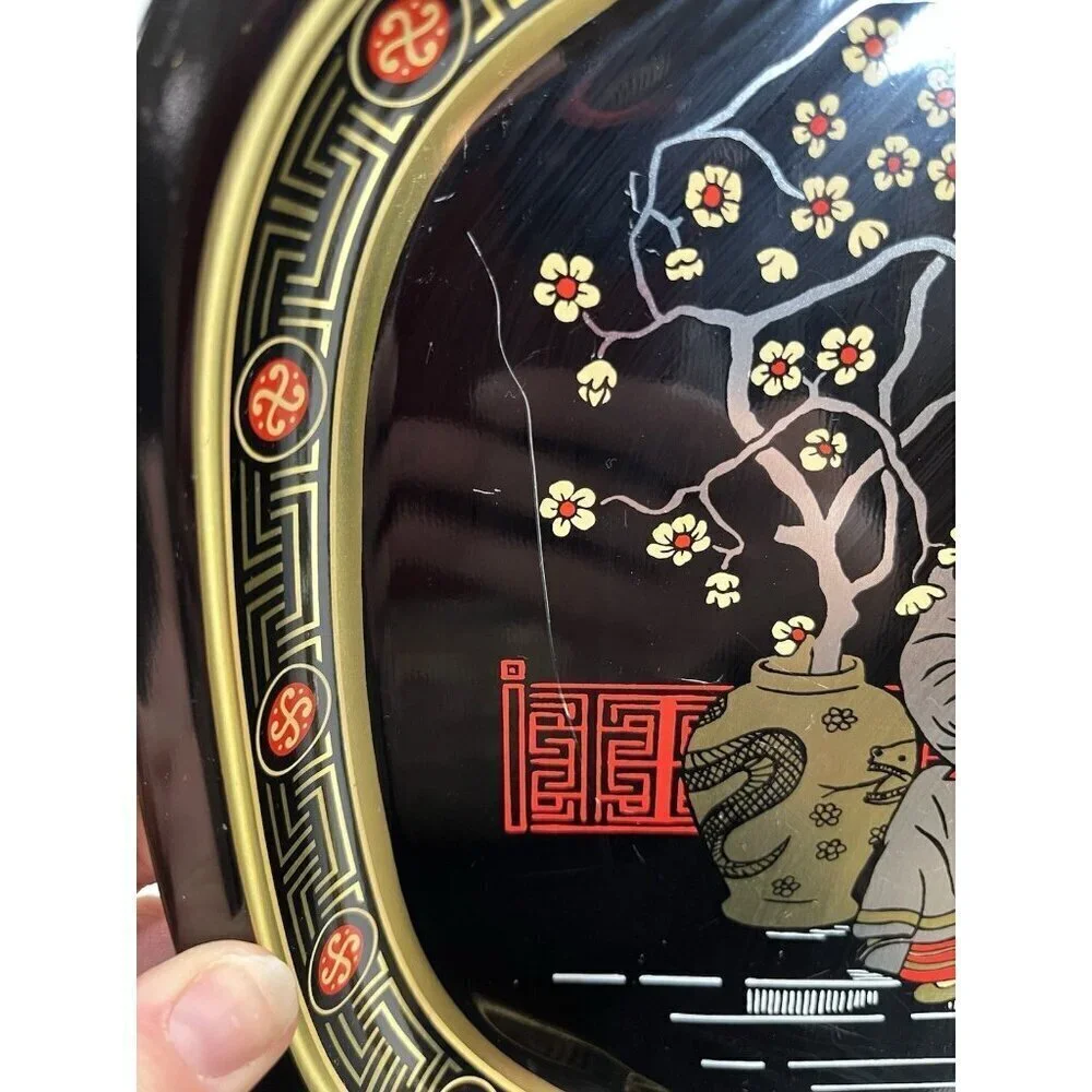 Vintage Asian Tin Serving Tray Made in England Chinese Emperor Throne Oriental